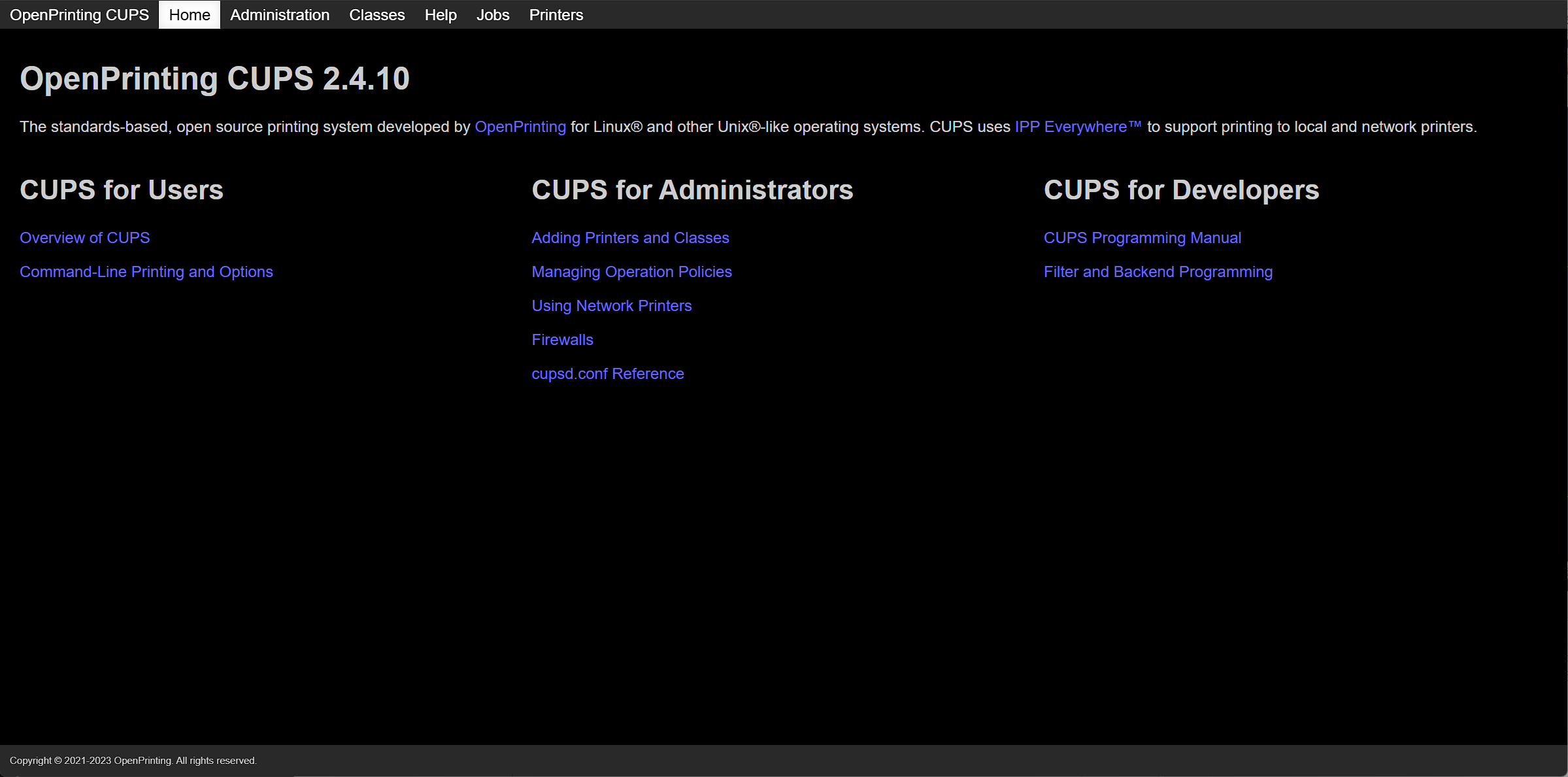 OpenPrinting CUPS 2.4.10 首页:导航含 Home / Administration / Printers
