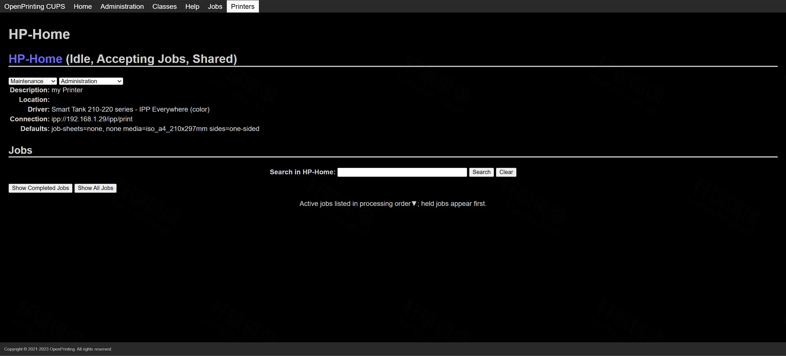 打印机 HP-Home 详情:Idle Accepting Jobs Shared,IPP 地址 192.168.1.29