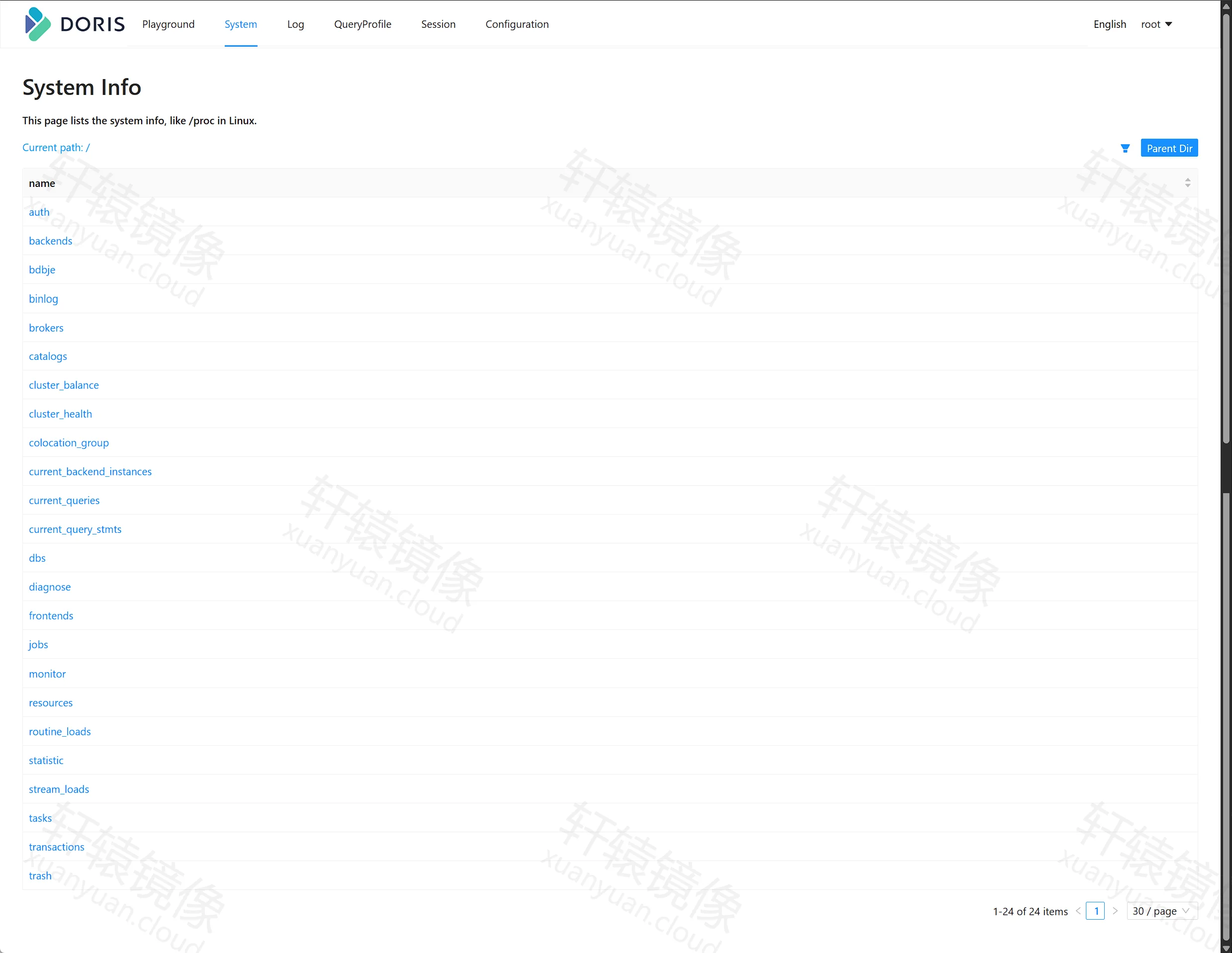 Doris System Info 列出 backends frontends dbs 等入口