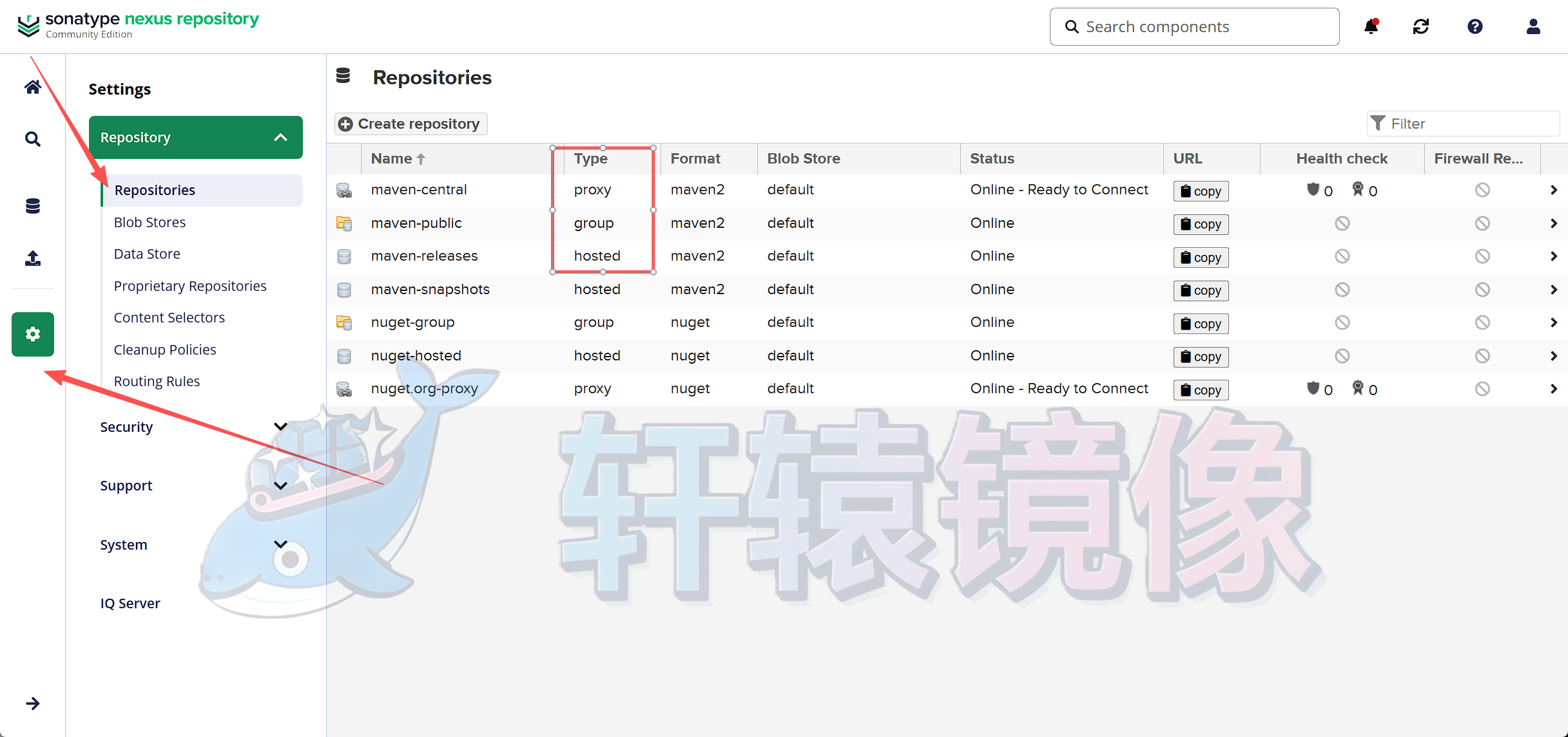 Nexus 仓库配置页面，展示 Group、Hosted、Proxy 等仓库类型
