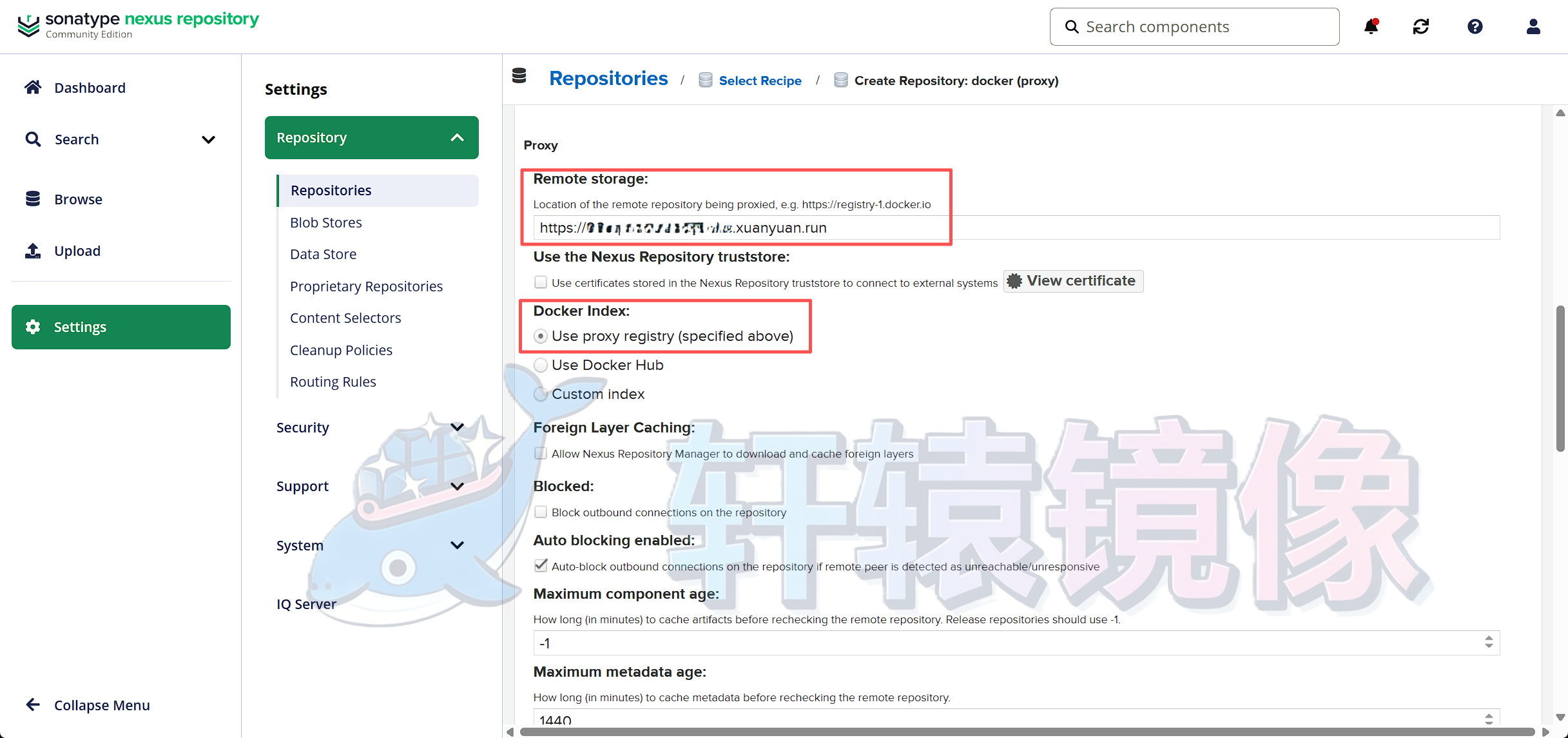 Nexus Docker Proxy 中配置 Remote storage 为轩辕镜像专属域名