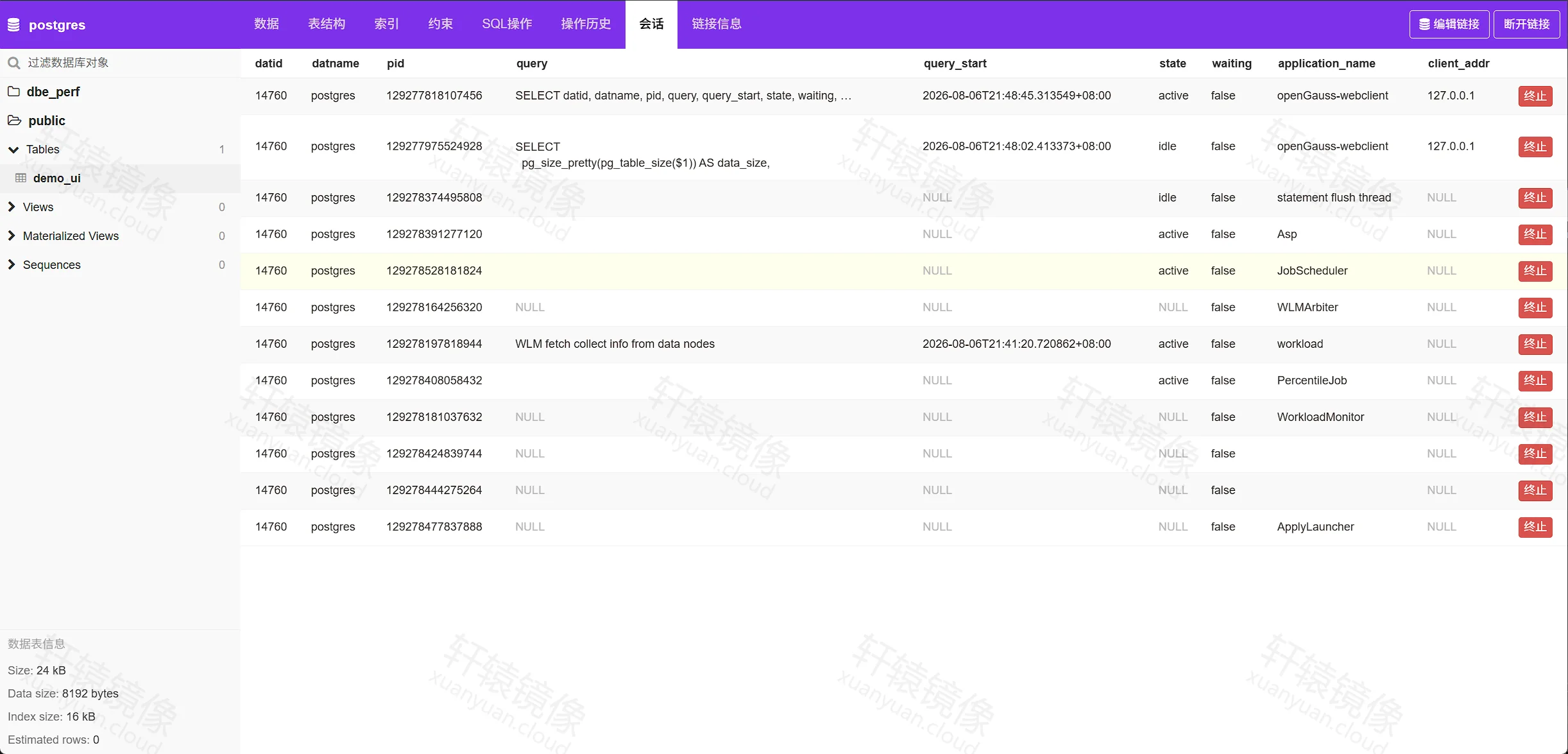 openGauss webclient:会话页签列出 postgres 库中的活动会话