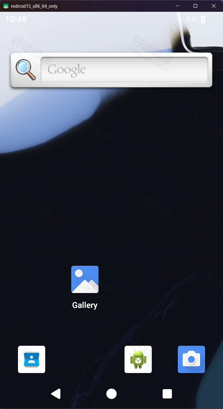 点击放大 redroid Android 15 主屏幕:scrcpy 窗口 redroid15_x86_64_only,Google 搜索框与 Gallery / Contacts / Camera