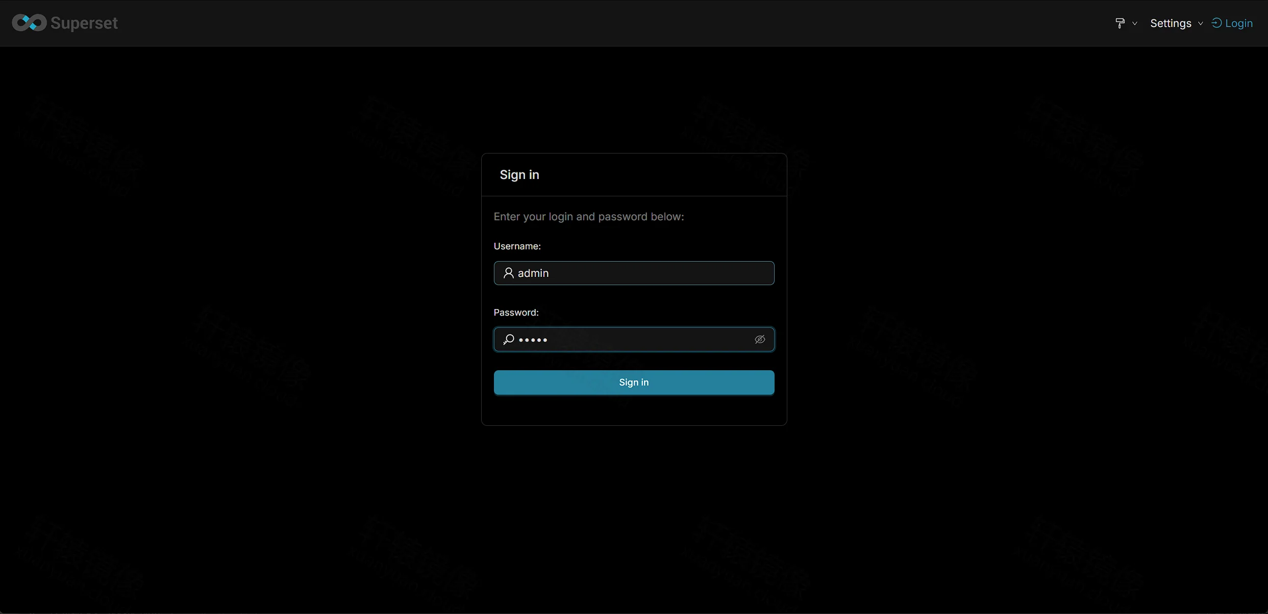 Apache Superset 登录页,输入默认账号 admin