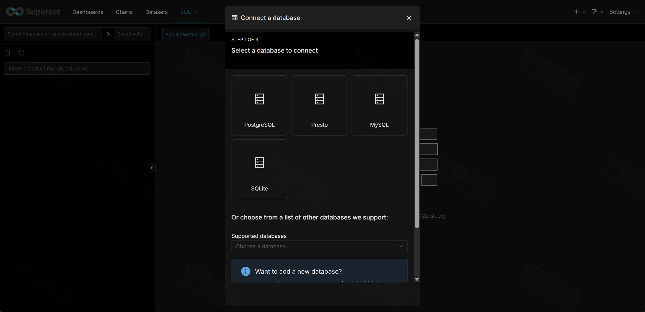 Connect a database 第一步:选择数据库类型如 PostgreSQL MySQL