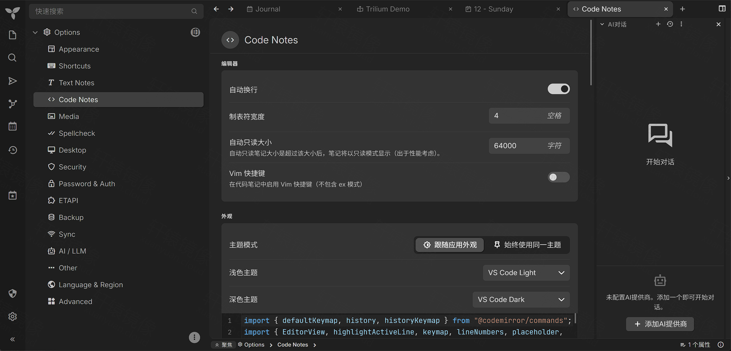 Trilium 选项:代码笔记编辑器与 Vim 配置